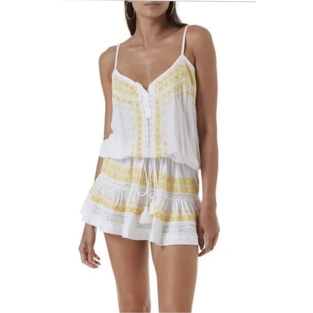 Melissa Odabash White One-Piece Swim Romper with Yellow Embroidery